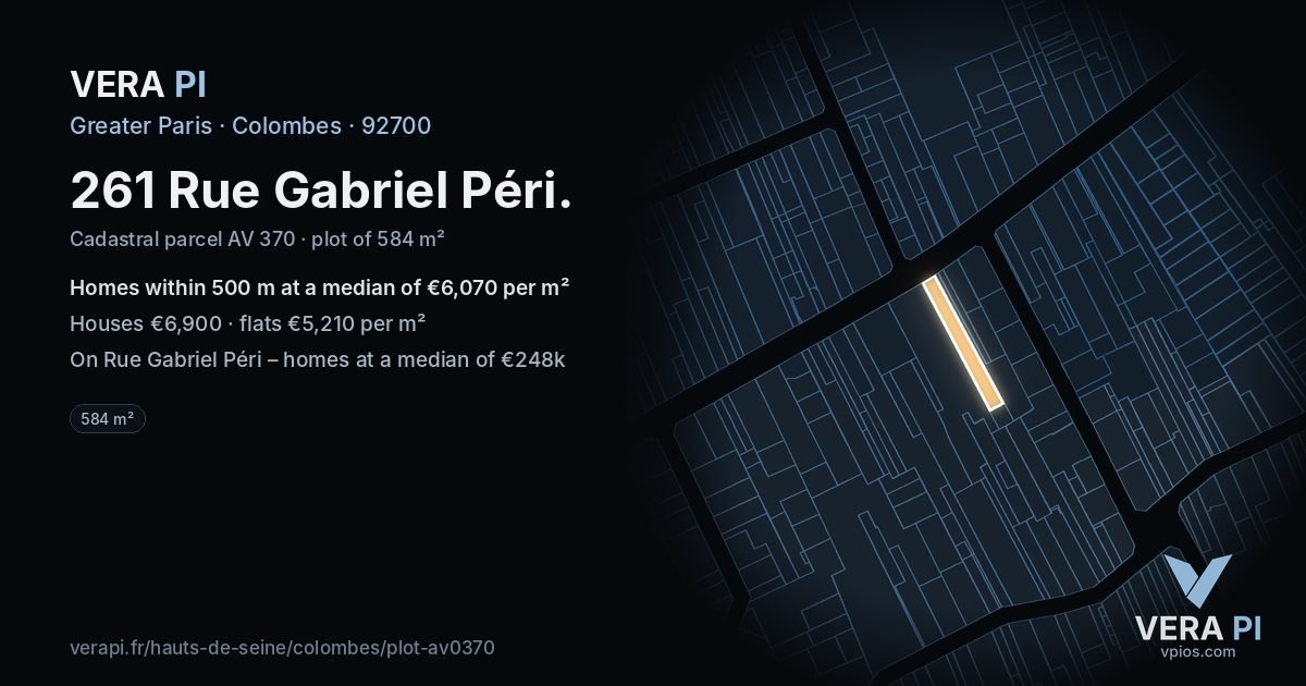 261 Rue Gabriel Péri, Colombes at night – the plot lit, the parcels around coloured by the prices near them
