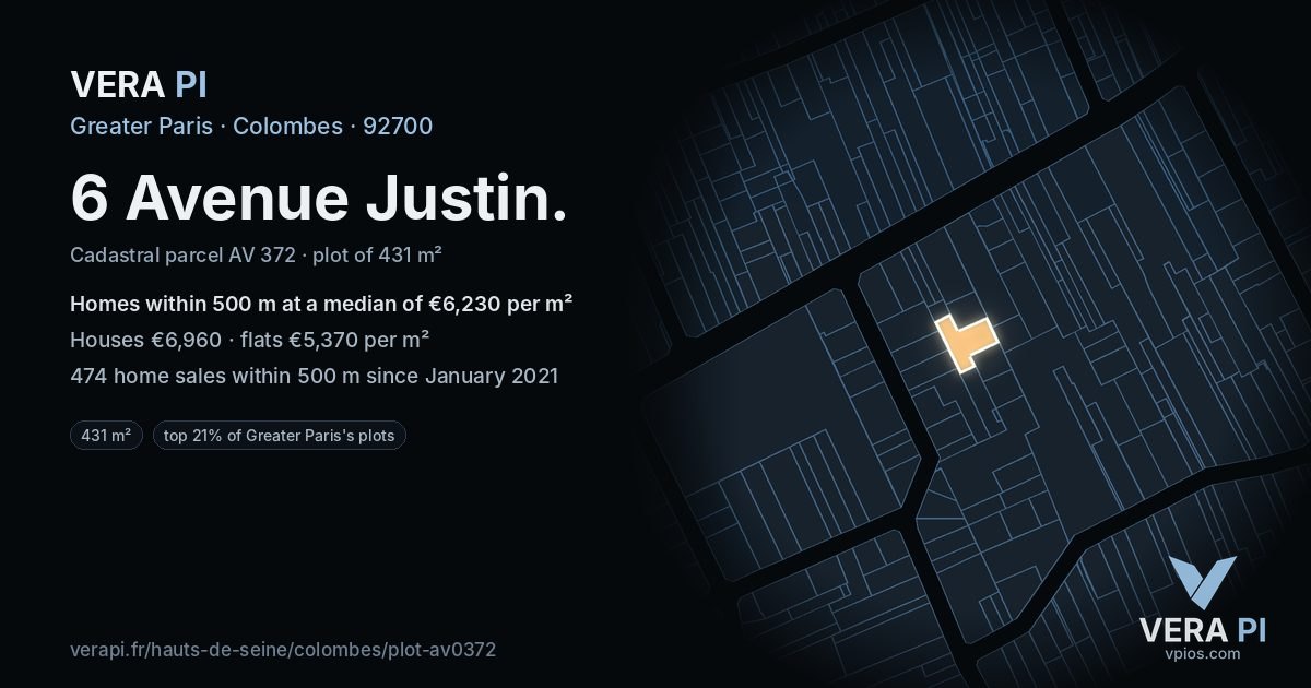 6 Avenue Justin, Colombes at night – the plot lit, the parcels around coloured by the prices near them