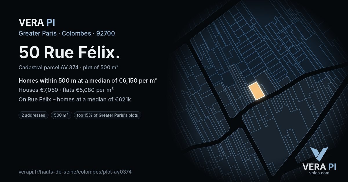 50 Rue Félix, Colombes at night – the plot lit, the parcels around coloured by the prices near them