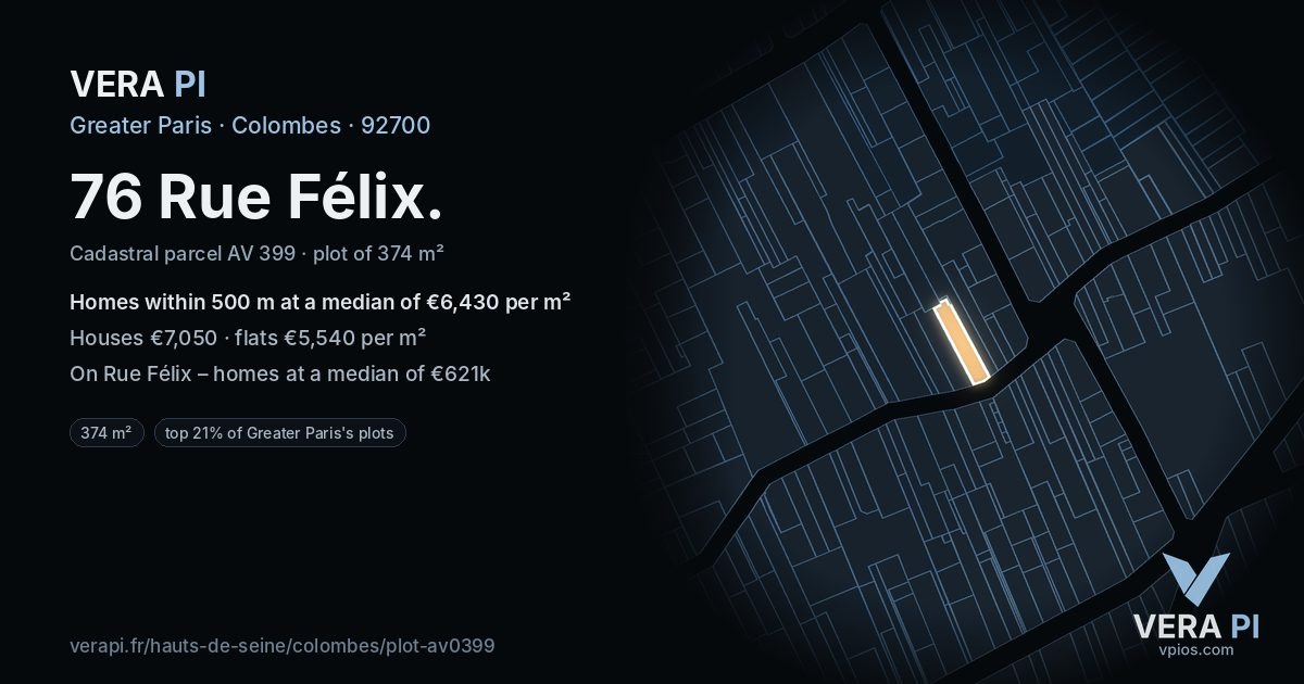 76 Rue Félix, Colombes at night – the plot lit, the parcels around coloured by the prices near them