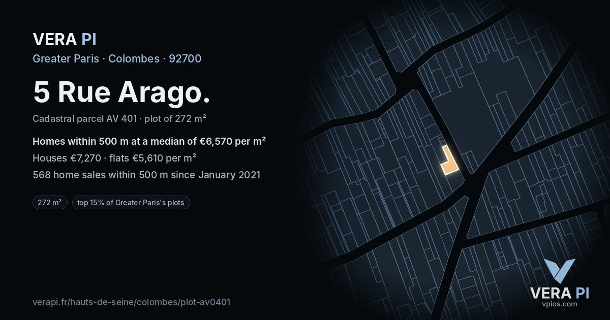 5 Rue Arago, Colombes at night – the plot lit, the parcels around coloured by the prices near them