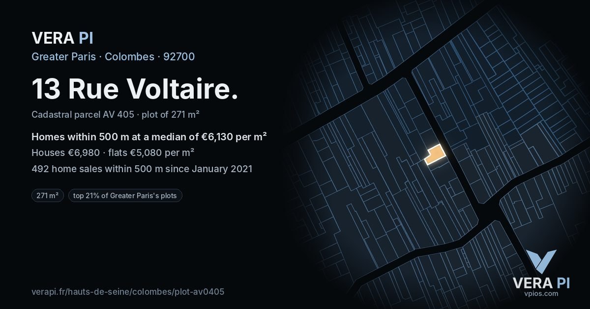 13 Rue Voltaire, Colombes at night – the plot lit, the parcels around coloured by the prices near them