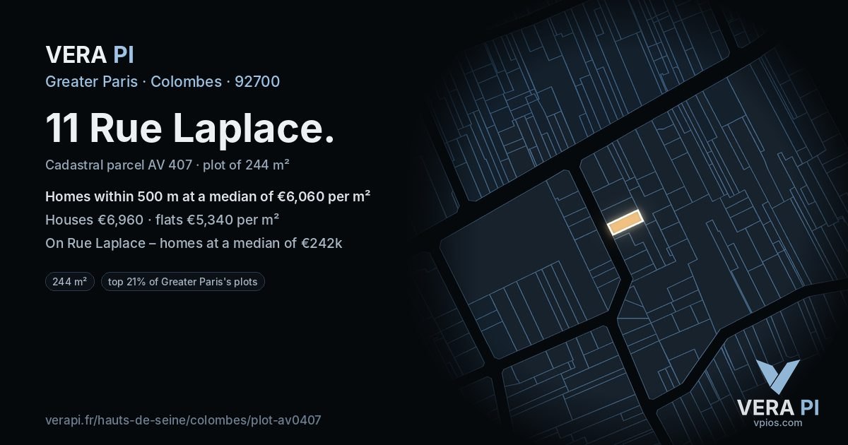 11 Rue Laplace, Colombes at night – the plot lit, the parcels around coloured by the prices near them