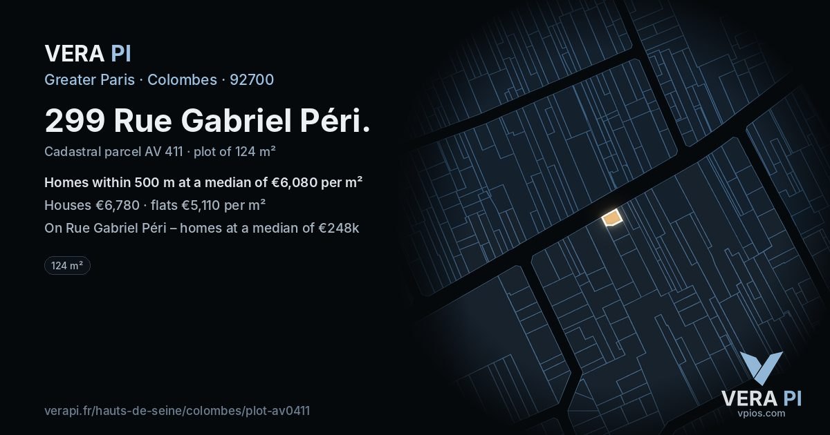 299 Rue Gabriel Péri, Colombes at night – the plot lit, the parcels around coloured by the prices near them