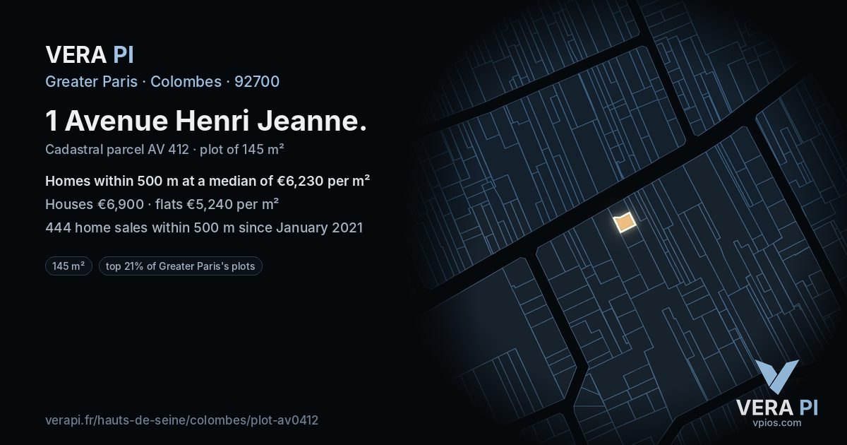 1 Avenue Henri Jeanne, Colombes at night – the plot lit, the parcels around coloured by the prices near them