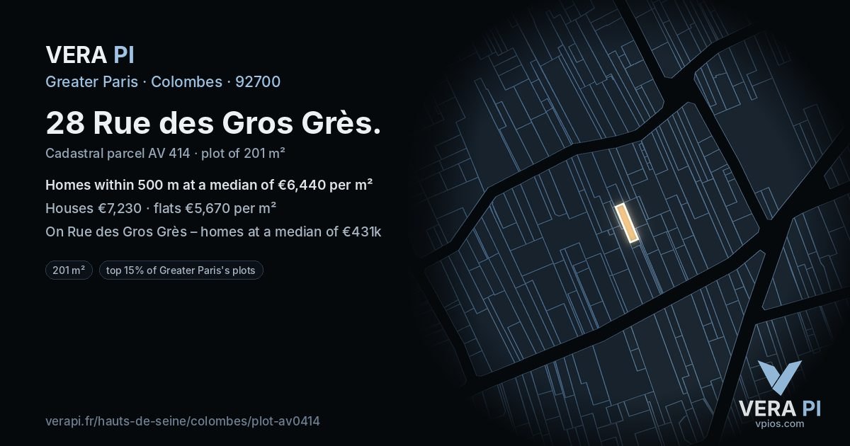 28 Rue des Gros Grès, Colombes at night – the plot lit, the parcels around coloured by the prices near them