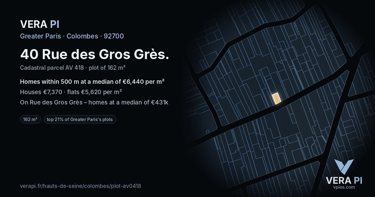 40 Rue des Gros Grès, Colombes at night – the plot lit, the parcels around coloured by the prices near them