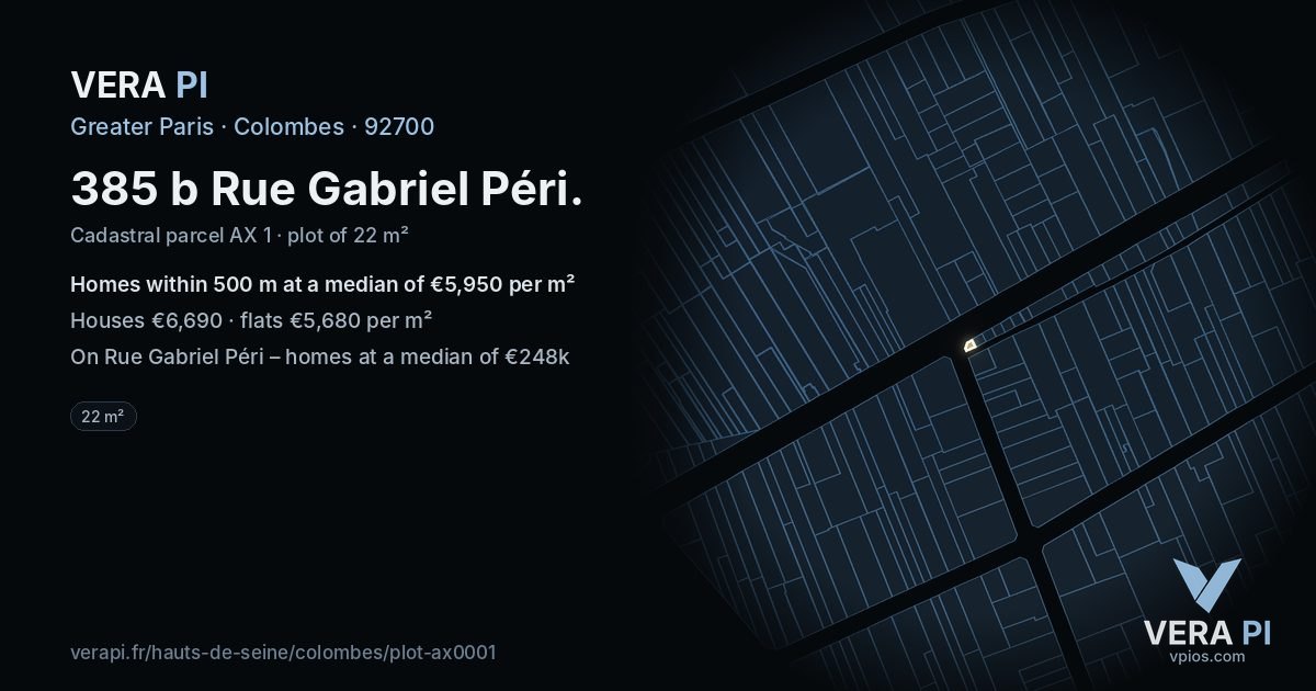 385 b Rue Gabriel Péri, Colombes at night – the plot lit, the parcels around coloured by the prices near them