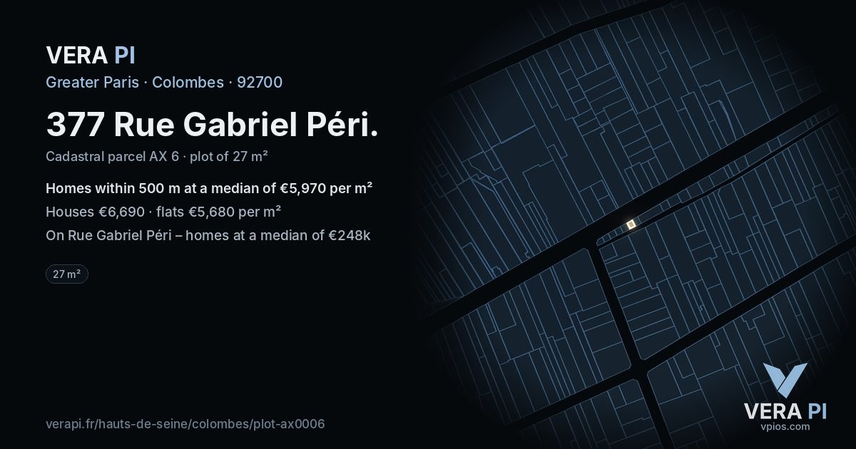 377 Rue Gabriel Péri, Colombes at night – the plot lit, the parcels around coloured by the prices near them