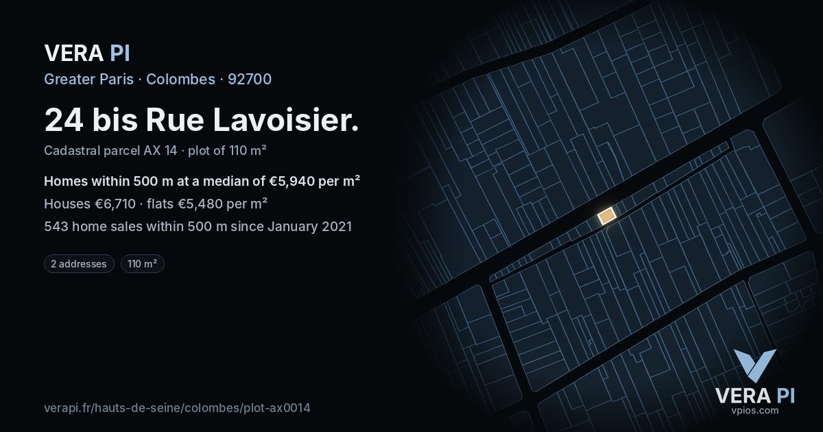 24 bis Rue Lavoisier, Colombes at night – the plot lit, the parcels around coloured by the prices near them