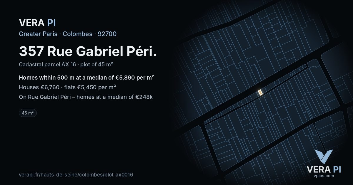 357 Rue Gabriel Péri, Colombes at night – the plot lit, the parcels around coloured by the prices near them