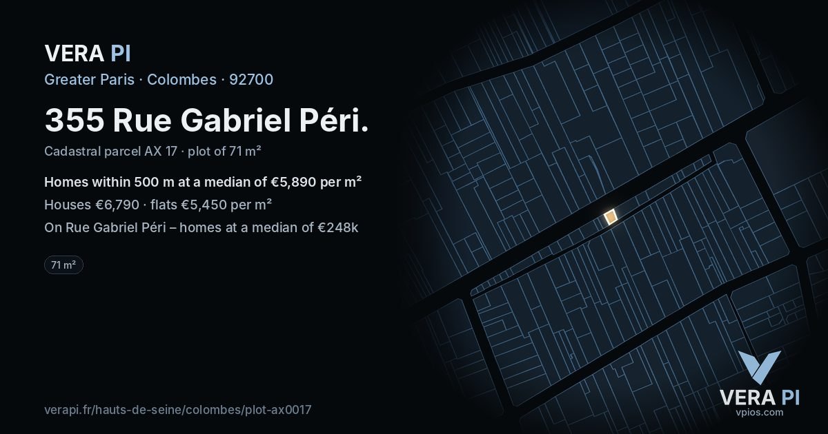 355 Rue Gabriel Péri, Colombes at night – the plot lit, the parcels around coloured by the prices near them