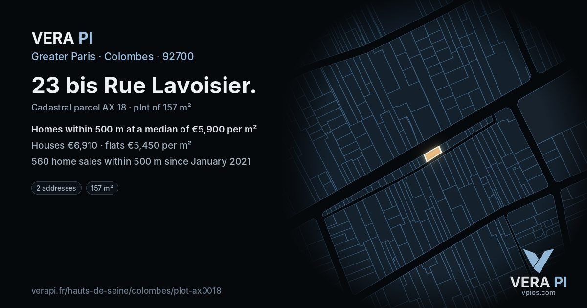 23 bis Rue Lavoisier, Colombes at night – the plot lit, the parcels around coloured by the prices near them