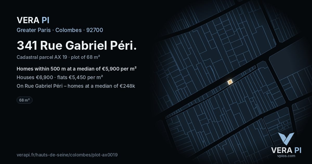 341 Rue Gabriel Péri, Colombes at night – the plot lit, the parcels around coloured by the prices near them