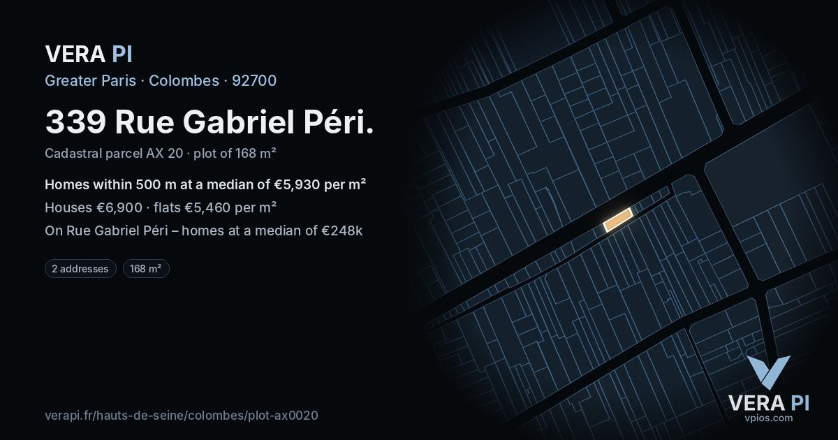 339 Rue Gabriel Péri, Colombes at night – the plot lit, the parcels around coloured by the prices near them