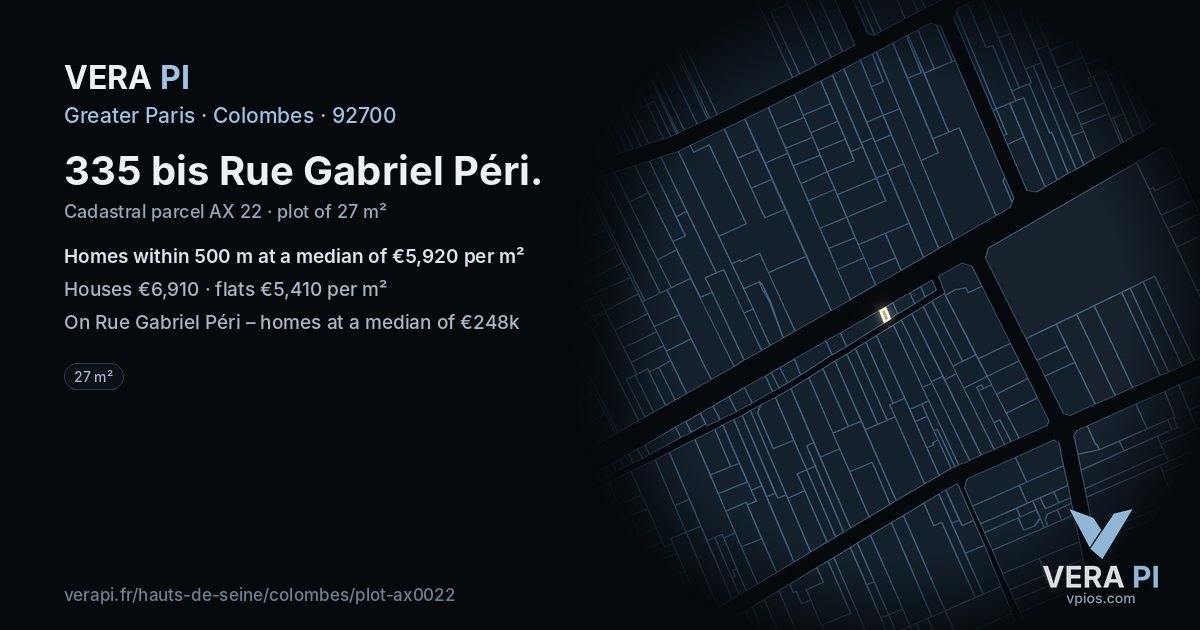335 bis Rue Gabriel Péri, Colombes at night – the plot lit, the parcels around coloured by the prices near them