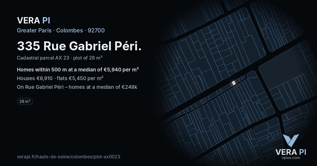 335 Rue Gabriel Péri, Colombes at night – the plot lit, the parcels around coloured by the prices near them