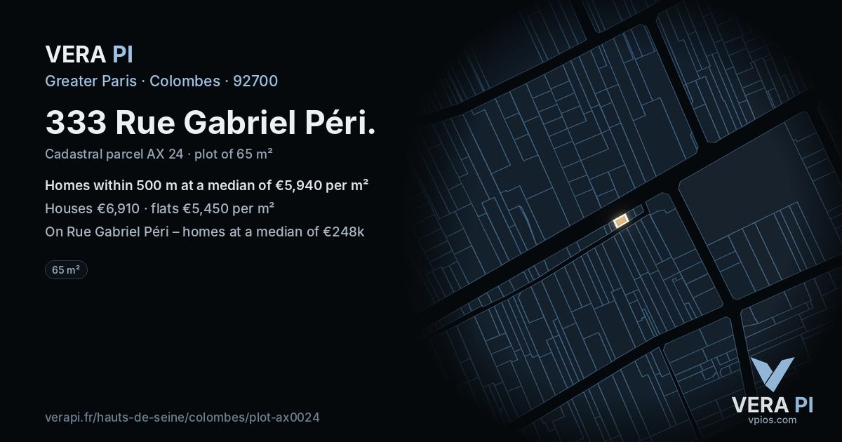 333 Rue Gabriel Péri, Colombes at night – the plot lit, the parcels around coloured by the prices near them