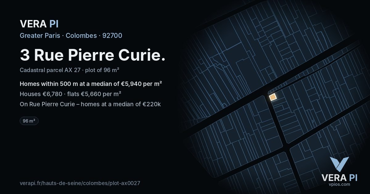3 Rue Pierre Curie, Colombes at night – the plot lit, the parcels around coloured by the prices near them