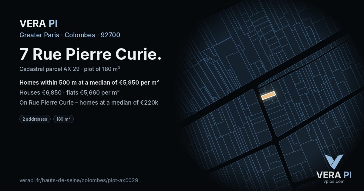 7 Rue Pierre Curie, Colombes at night – the plot lit, the parcels around coloured by the prices near them