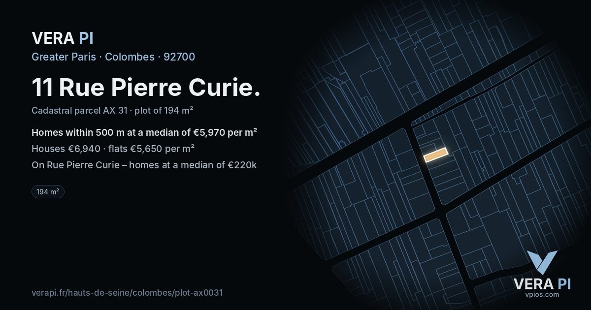 11 Rue Pierre Curie, Colombes at night – the plot lit, the parcels around coloured by the prices near them