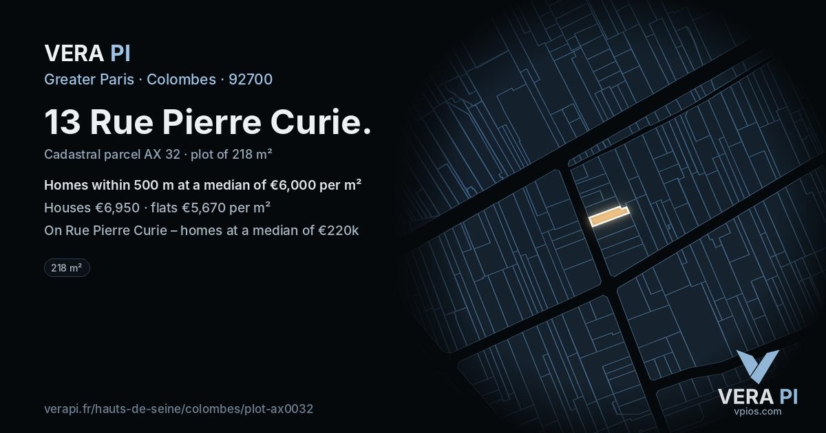 13 Rue Pierre Curie, Colombes at night – the plot lit, the parcels around coloured by the prices near them