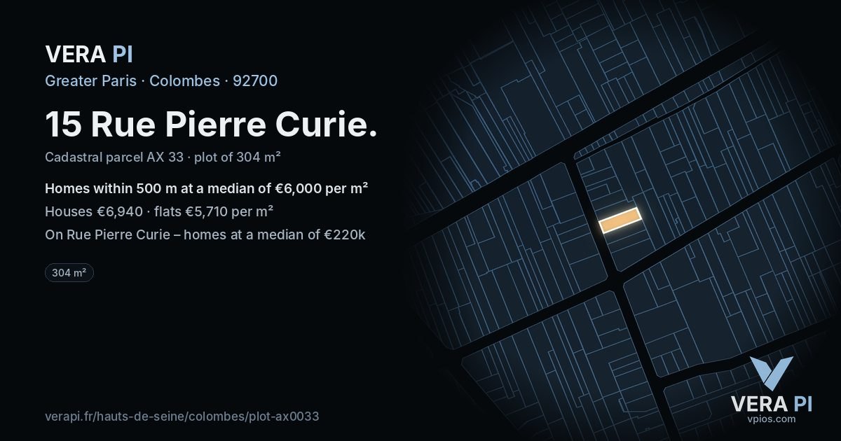 15 Rue Pierre Curie, Colombes at night – the plot lit, the parcels around coloured by the prices near them