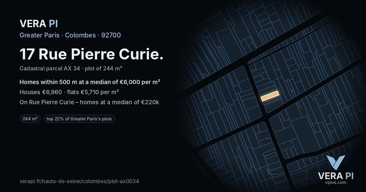 17 Rue Pierre Curie, Colombes at night – the plot lit, the parcels around coloured by the prices near them