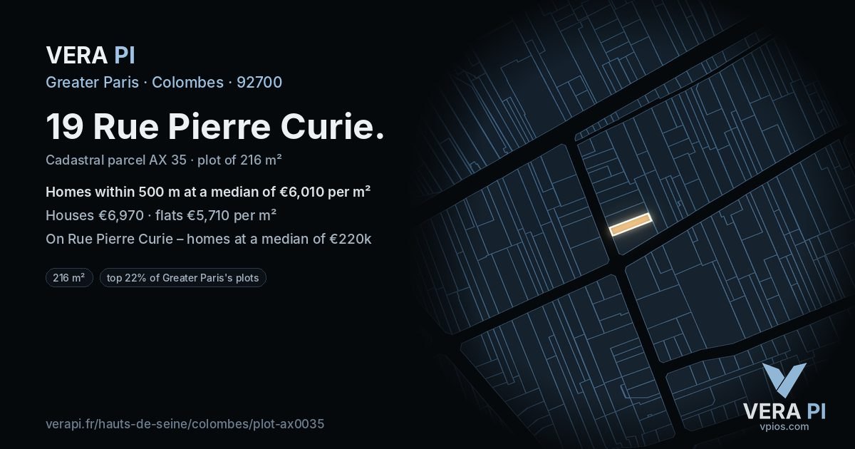 19 Rue Pierre Curie, Colombes at night – the plot lit, the parcels around coloured by the prices near them