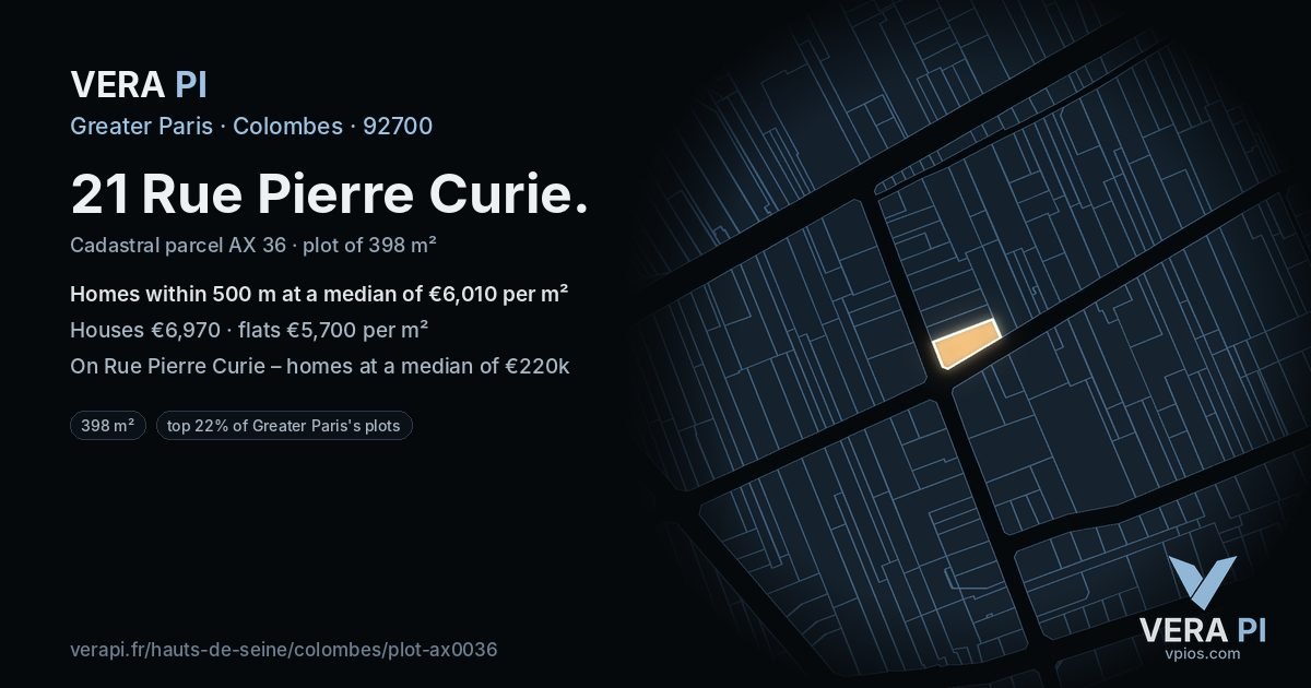 21 Rue Pierre Curie, Colombes at night – the plot lit, the parcels around coloured by the prices near them