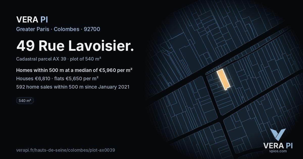 49 Rue Lavoisier, Colombes at night – the plot lit, the parcels around coloured by the prices near them