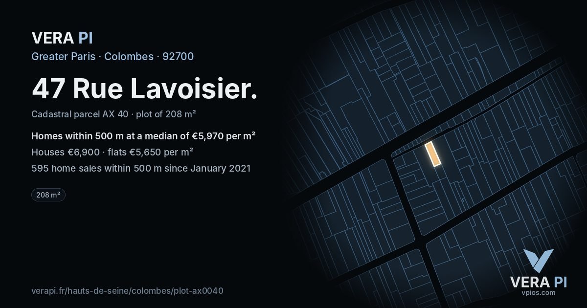 47 Rue Lavoisier, Colombes at night – the plot lit, the parcels around coloured by the prices near them