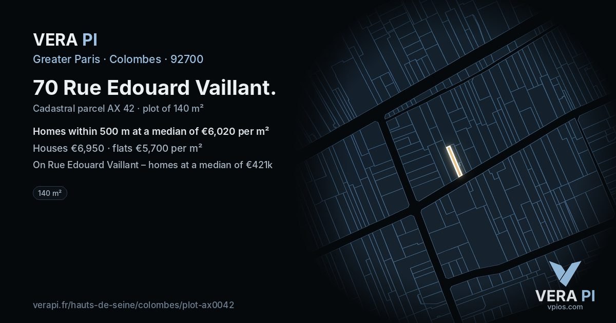 70 Rue Edouard Vaillant, Colombes at night – the plot lit, the parcels around coloured by the prices near them