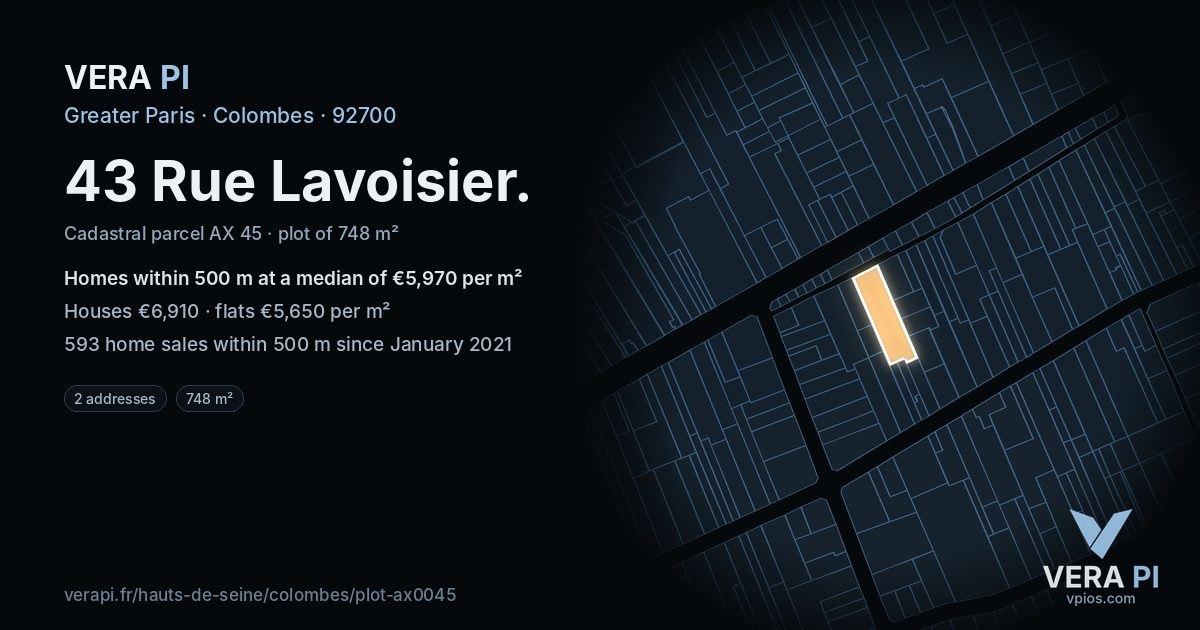43 Rue Lavoisier, Colombes at night – the plot lit, the parcels around coloured by the prices near them