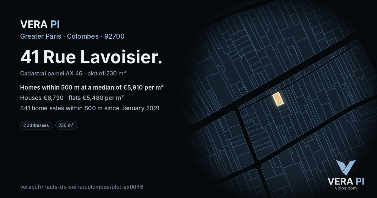 41 Rue Lavoisier, Colombes at night – the plot lit, the parcels around coloured by the prices near them