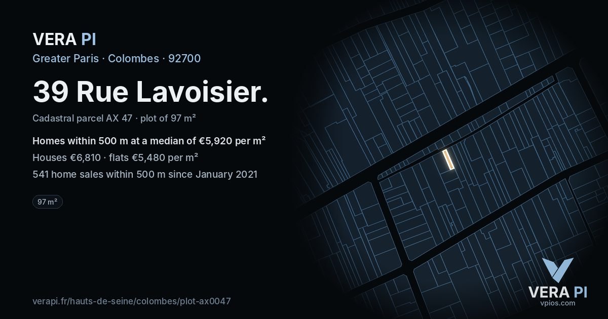 39 Rue Lavoisier, Colombes at night – the plot lit, the parcels around coloured by the prices near them