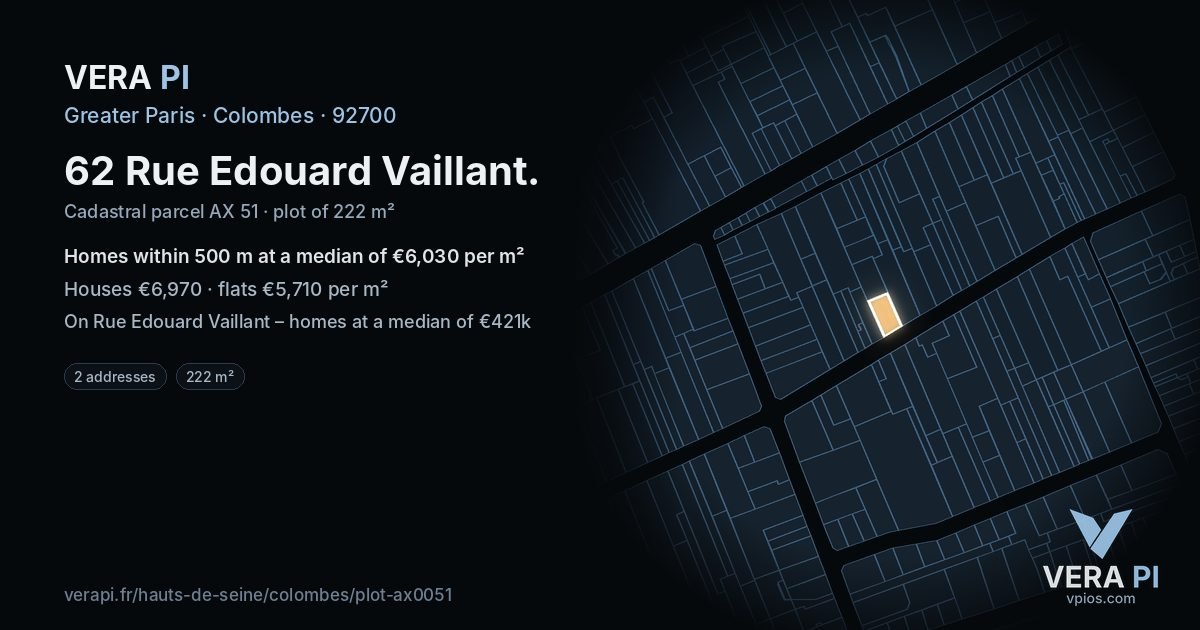 62 Rue Edouard Vaillant, Colombes at night – the plot lit, the parcels around coloured by the prices near them