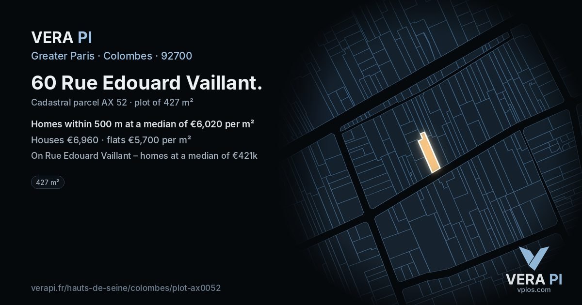 60 Rue Edouard Vaillant, Colombes at night – the plot lit, the parcels around coloured by the prices near them