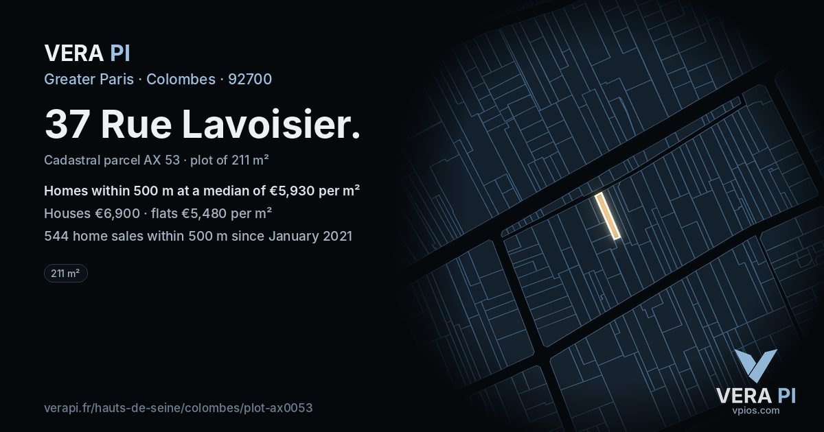 37 Rue Lavoisier, Colombes at night – the plot lit, the parcels around coloured by the prices near them