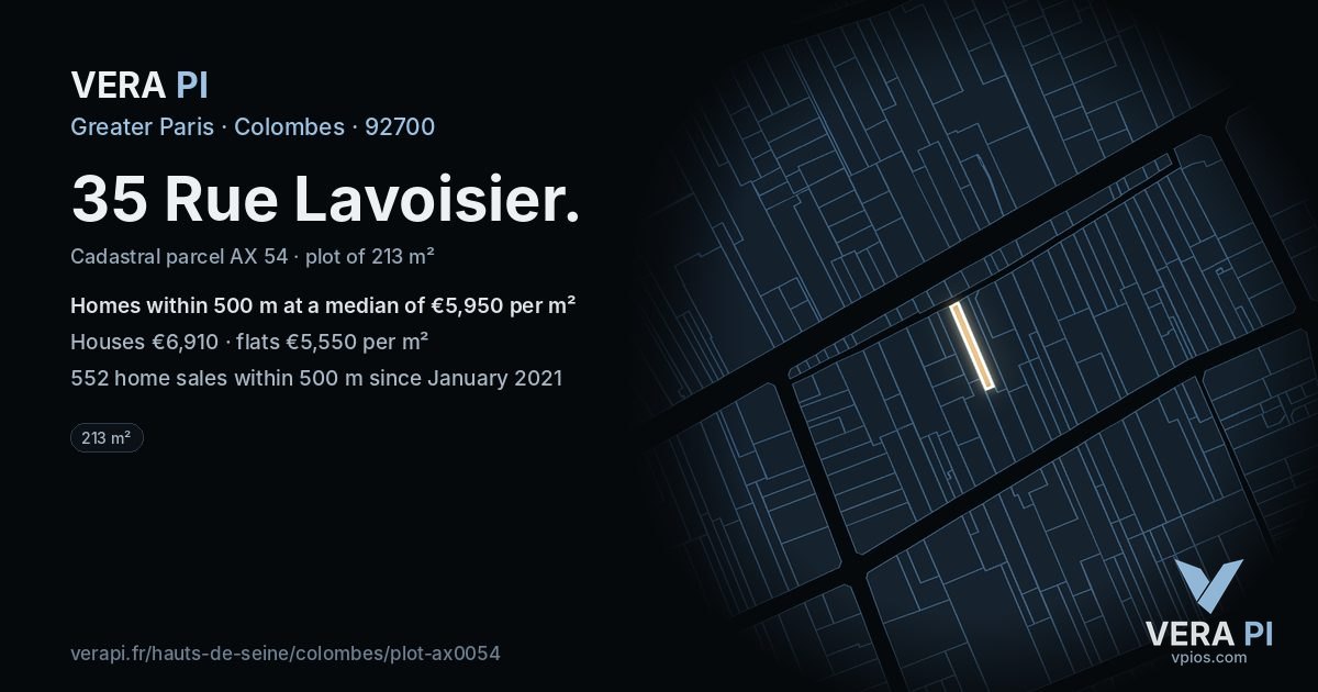 35 Rue Lavoisier, Colombes at night – the plot lit, the parcels around coloured by the prices near them