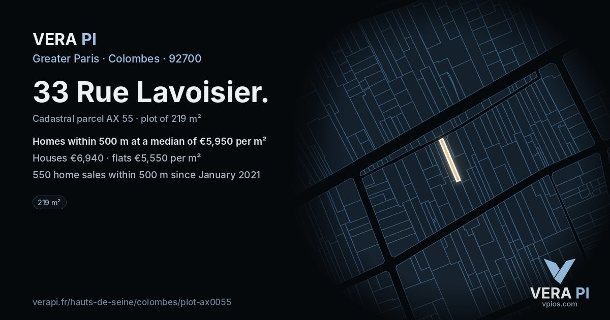 33 Rue Lavoisier, Colombes at night – the plot lit, the parcels around coloured by the prices near them