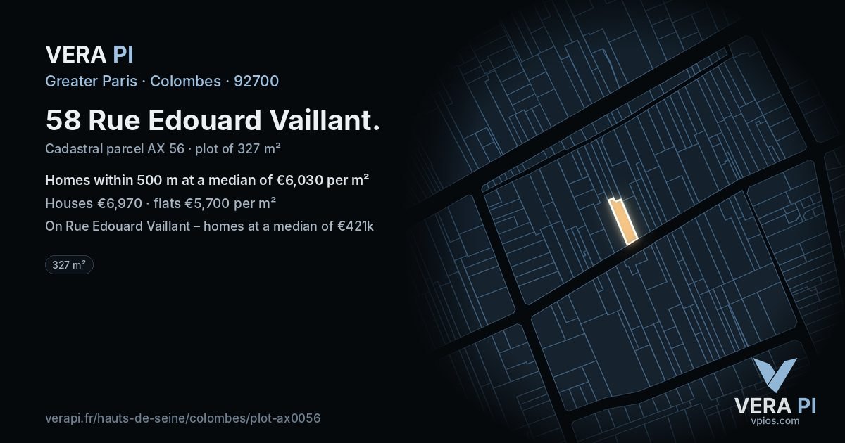 58 Rue Edouard Vaillant, Colombes at night – the plot lit, the parcels around coloured by the prices near them