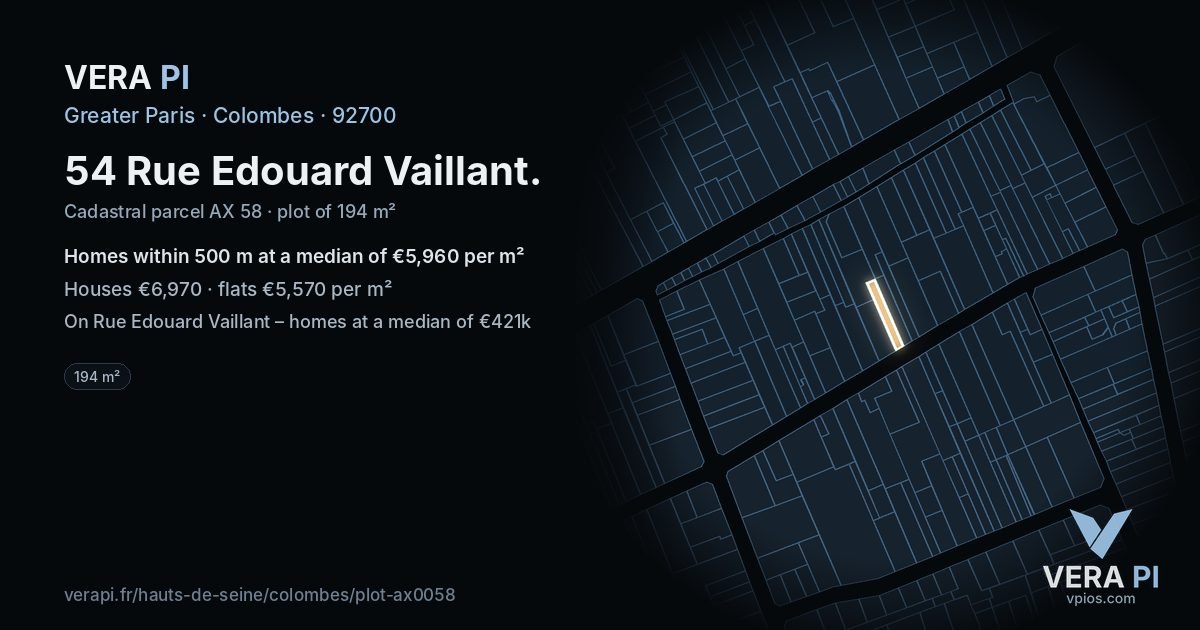 54 Rue Edouard Vaillant, Colombes at night – the plot lit, the parcels around coloured by the prices near them