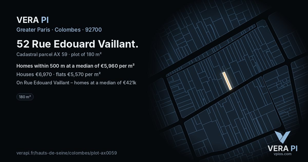 52 Rue Edouard Vaillant, Colombes at night – the plot lit, the parcels around coloured by the prices near them