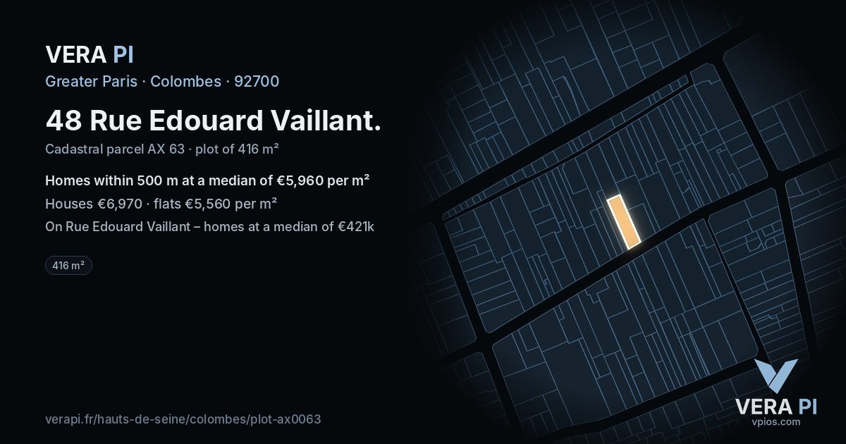 48 Rue Edouard Vaillant, Colombes at night – the plot lit, the parcels around coloured by the prices near them