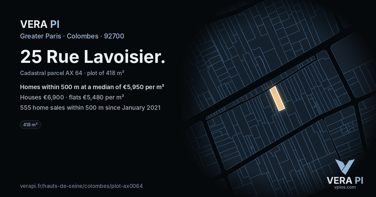 25 Rue Lavoisier, Colombes at night – the plot lit, the parcels around coloured by the prices near them