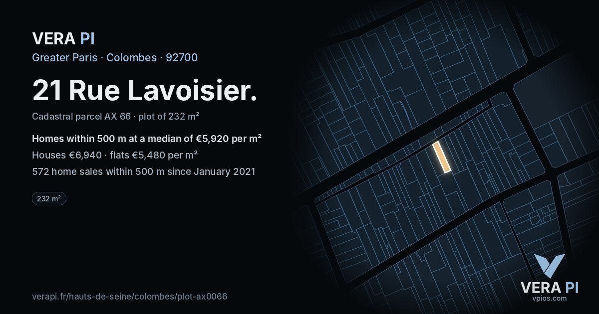 21 Rue Lavoisier, Colombes at night – the plot lit, the parcels around coloured by the prices near them