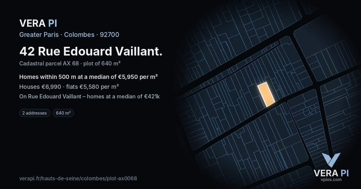 42 Rue Edouard Vaillant, Colombes at night – the plot lit, the parcels around coloured by the prices near them