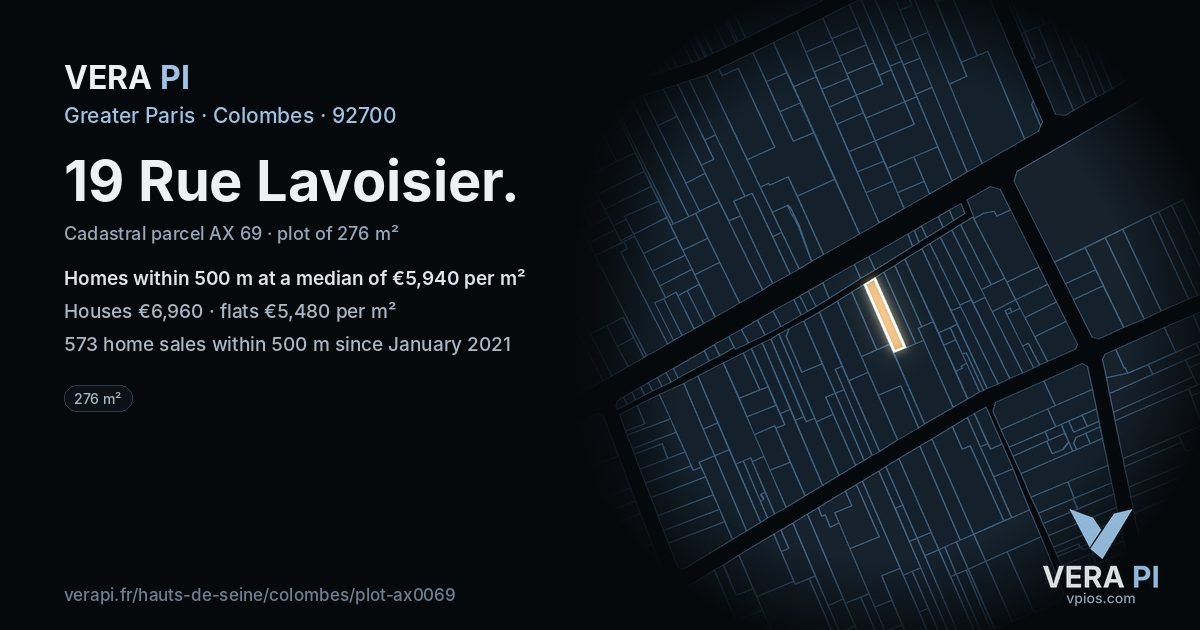 19 Rue Lavoisier, Colombes at night – the plot lit, the parcels around coloured by the prices near them