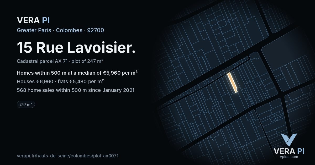 15 Rue Lavoisier, Colombes at night – the plot lit, the parcels around coloured by the prices near them